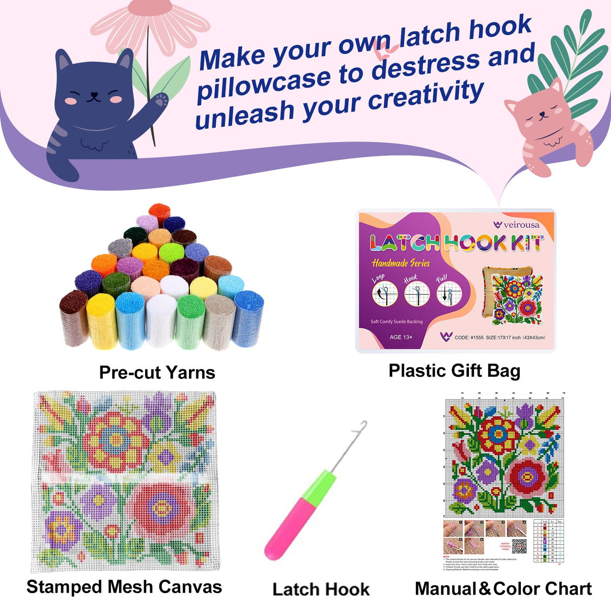 Cartoon Flowers Latch Hook Pillow Kit