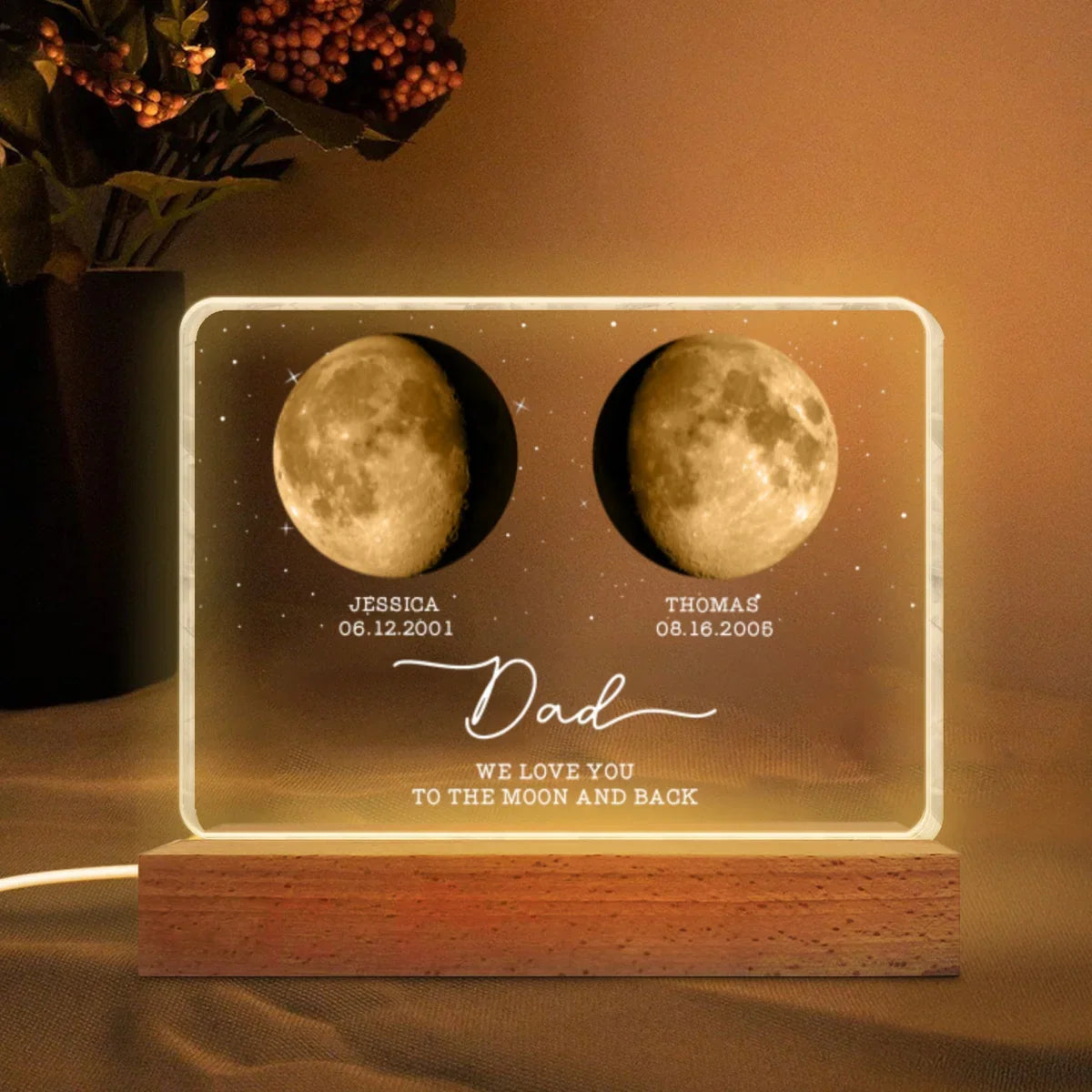 Mom Dad We Love You to the Moon and Back - Personalized Acrylic Block LED Night Light - Gift for Dad, Mom