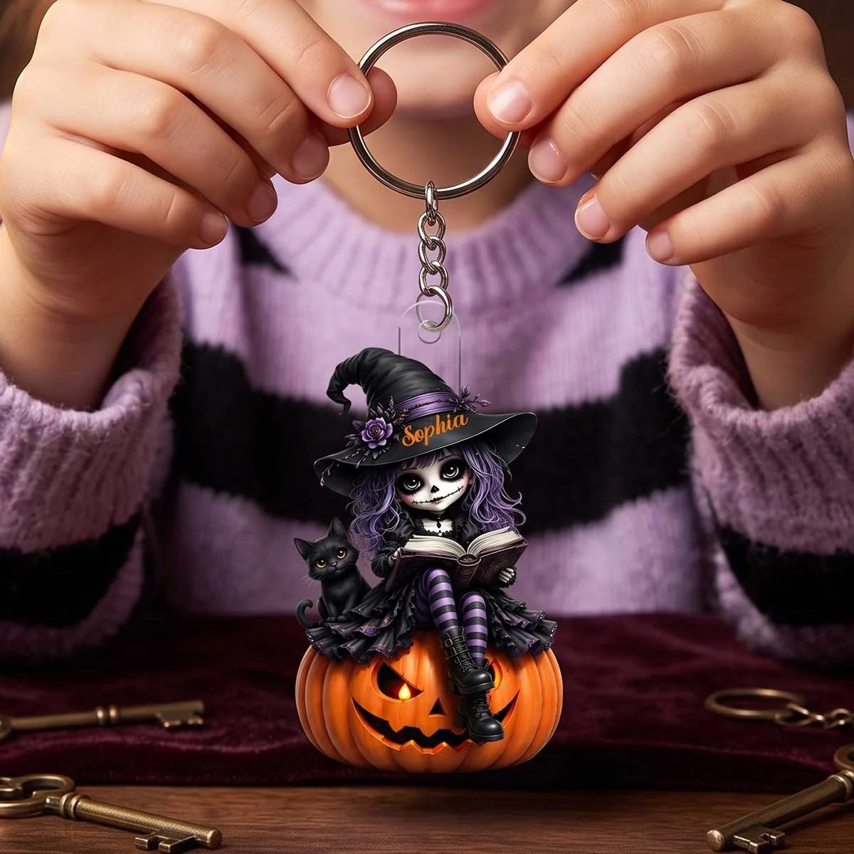Personalized Skeleton Little Witch Acrylic Keychain | Unique Halloween Gift For Girls