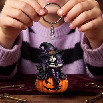 Personalized Skeleton Little Witch Acrylic Keychain | Unique Halloween Gift For Girls