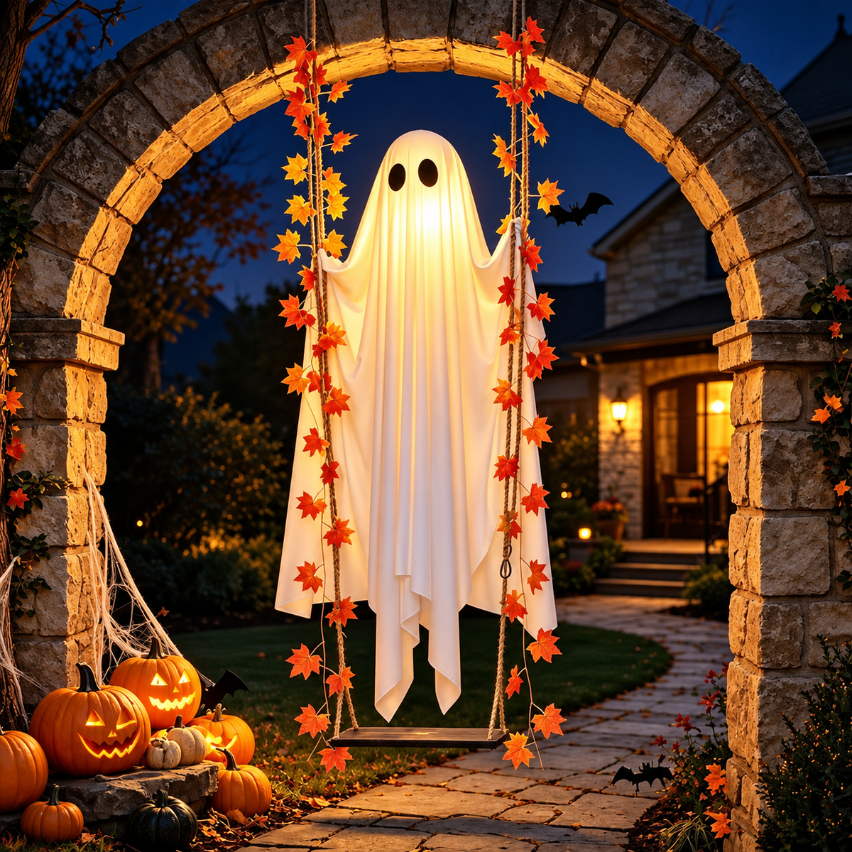 Swinging Ghost Light Up Spooky Ornaments with Remote Control Ghost Halloween Decor for Indoor Outdoor Front Porch Tree Yard