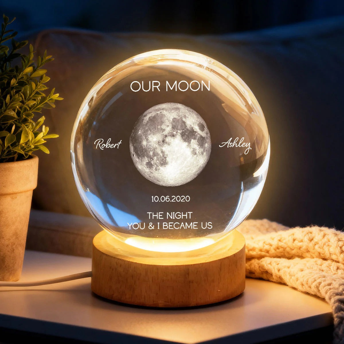Personalized Moon Phase Crystal Ball Night Light - Custom Date Gift for Mom & Her - Unique Anniversary or Birthday Keepsake