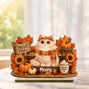 Hello Fall Cute Cats Sitting - Personalized 2-Layered Wooden Plaque - Cozy Fall Decor for Cat Moms, Cat Lovers