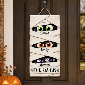 XH Mummy Family Peeking Eyes 2D Flat - Personalized Wood Sign - Funny Halloween Family Decoration