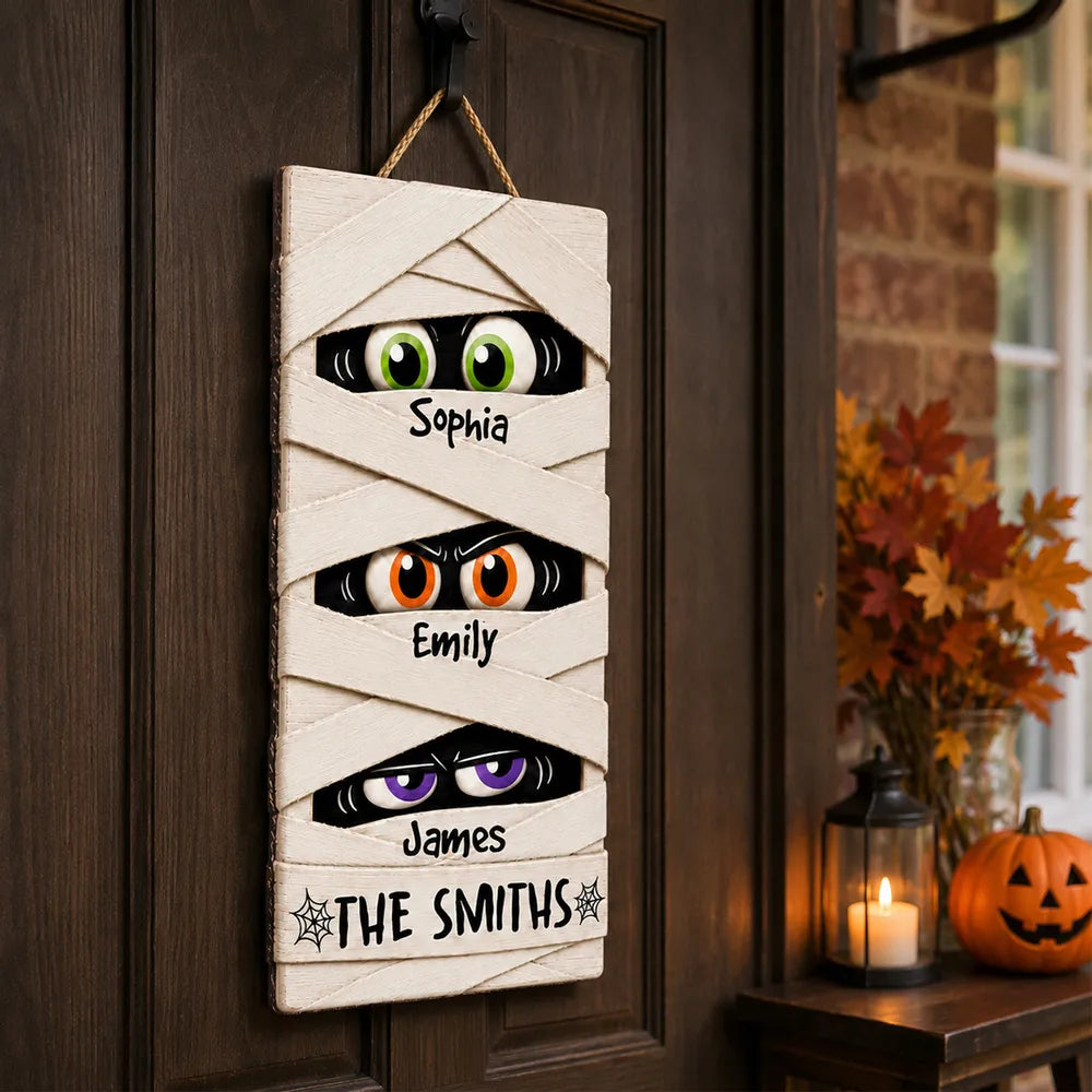 XH Mummy Family Peeking Eyes 2D Flat - Personalized Wood Sign - Funny Halloween Family Decoration