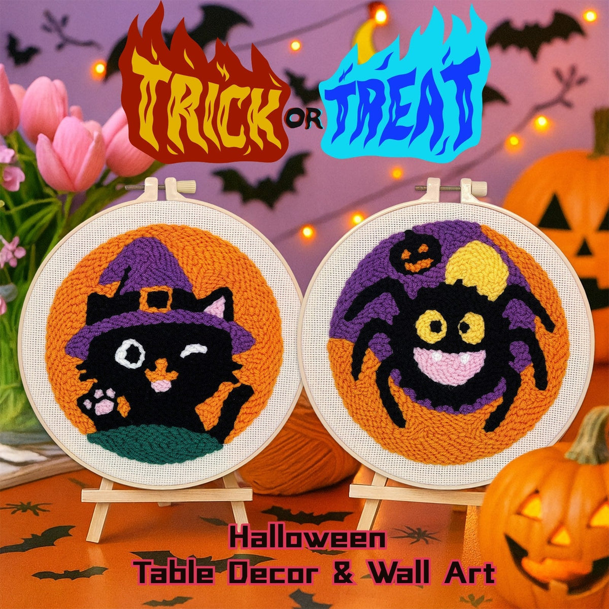 Halloween Spider and Wizard Cat -Punch Needle Decor Kit