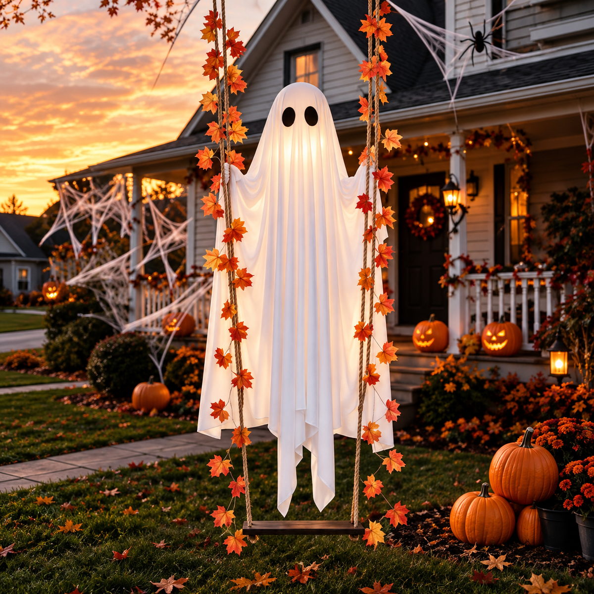 Swinging Ghost Light Up Spooky Ornaments with Remote Control Ghost Halloween Decor for Indoor Outdoor Front Porch Tree Yard