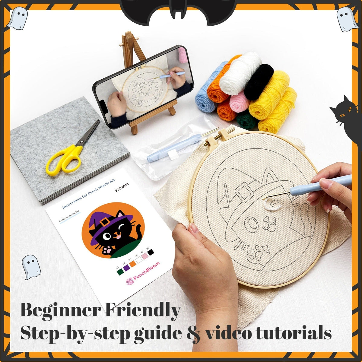 Halloween Spider and Wizard Cat -Punch Needle Decor Kit