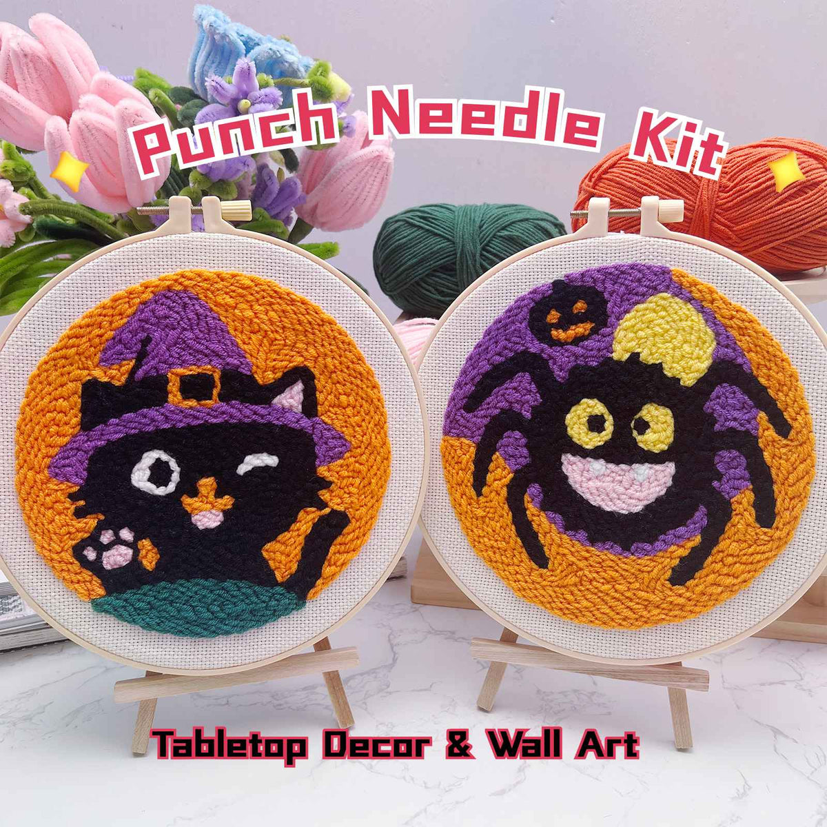 Halloween Spider and Wizard Cat -Punch Needle Decor Kit