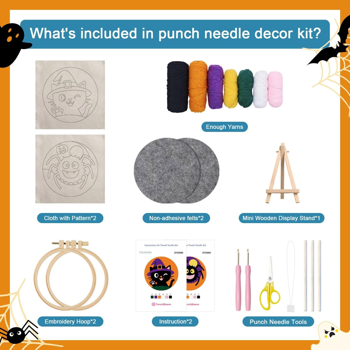 Halloween Spider and Wizard Cat -Punch Needle Decor Kit