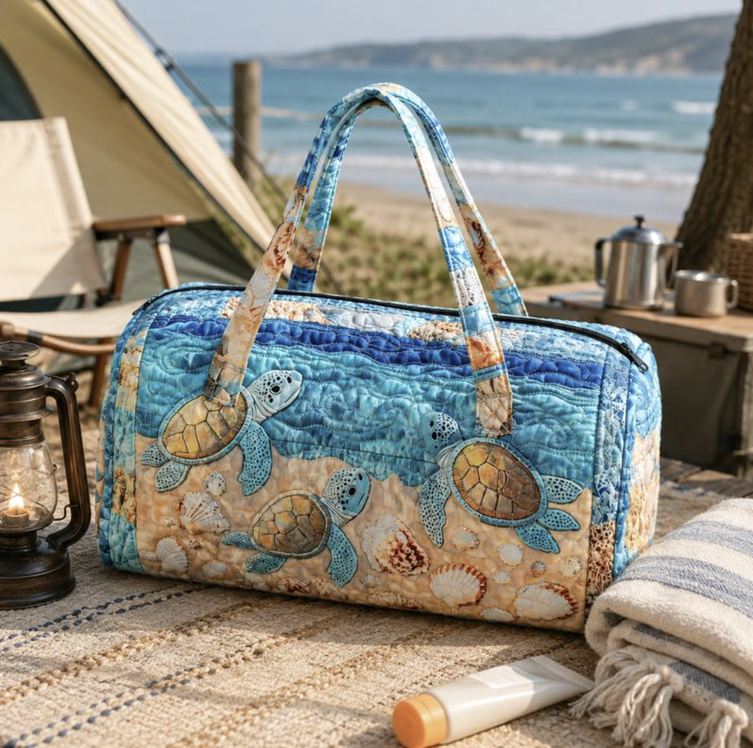 Quilted Sea Turtle Duffel Bag - 21-Inch Sporty Chic Coastal Carryall, Traveling Bag, Carry On Duffle, Weekender Duffle with Zipper Closure (Quilted Turtle Adds Charm, TikTok Shop Back to School)