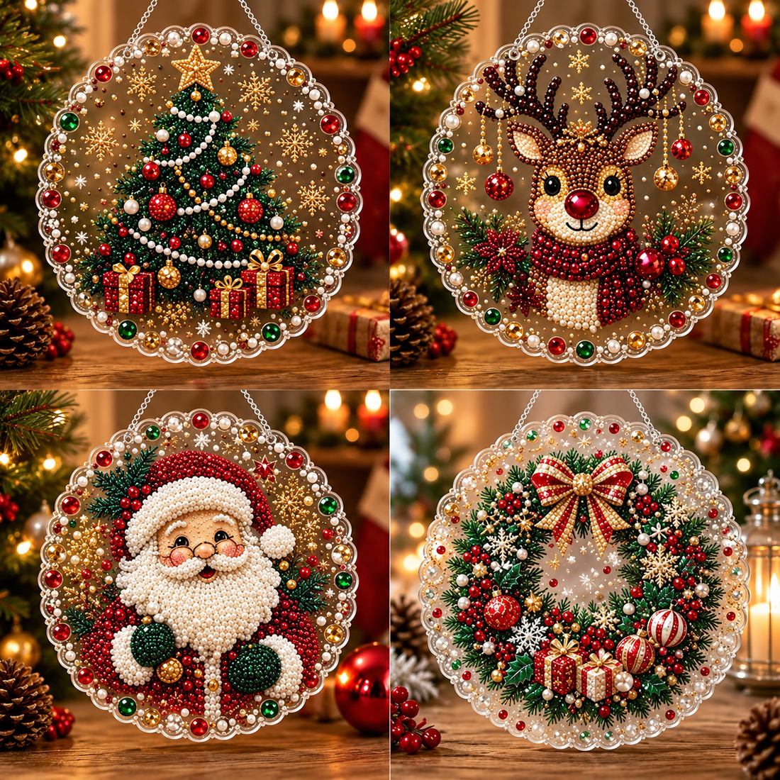 20X20CM Diamond Painting 3d Mixed-sized Pearl Beads Christmas Pearl Suncatcher Kit For Diy Craft Metal Chain Festive Wall Decor