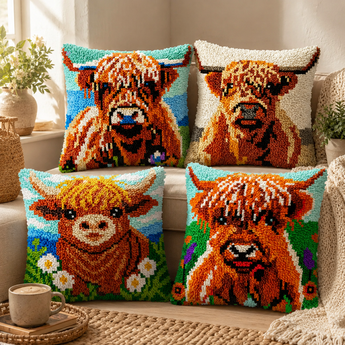 Highland Cow Family Latch Hook Pillow Kit