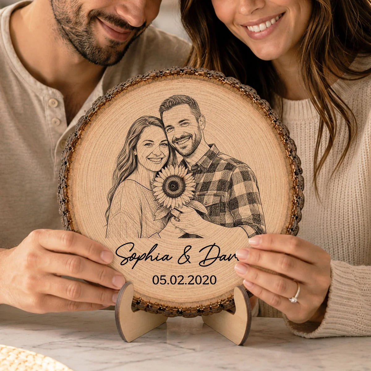 Sketch Style Couple Forever Love Custom Photo - Personalized 2-Layered Wooden Plaque - Anniversary Gift, Wedding Gift For Couple