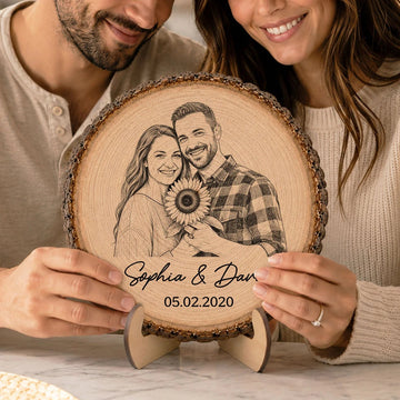 Sketch Style Couple Forever Love Custom Photo - Personalized 2-Layered Wooden Plaque - Anniversary Gift, Wedding Gift For Couple