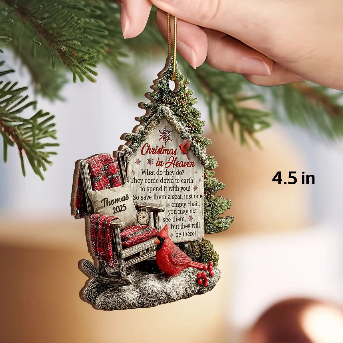 3D Effect Memorial Chair On Christmas - Personalized Wooden Ornament - Christmas Memorial Keepsake For Family