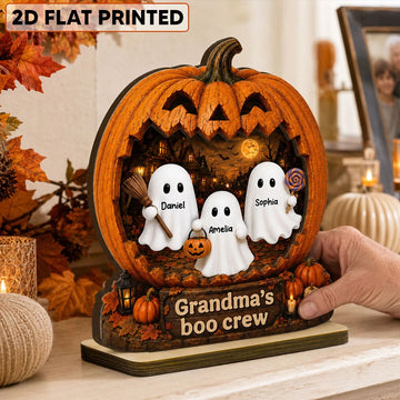 Spooky Halloween Pumpkin Grandma's Boo Crew - Personalized 2-Layered Wooden Plaque - Halloween Decor For Grandma