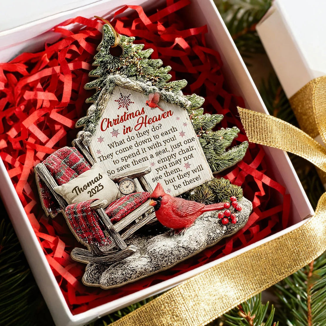3D Effect Memorial Chair On Christmas - Personalized Wooden Ornament - Christmas Memorial Keepsake For Family