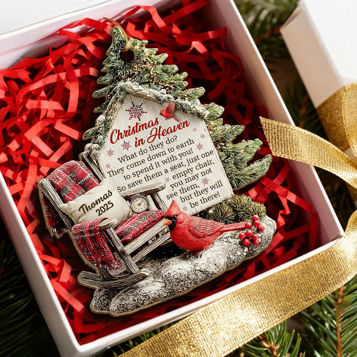 3D Effect Memorial Chair On Christmas - Personalized Wooden Ornament - Christmas Memorial Keepsake For Family