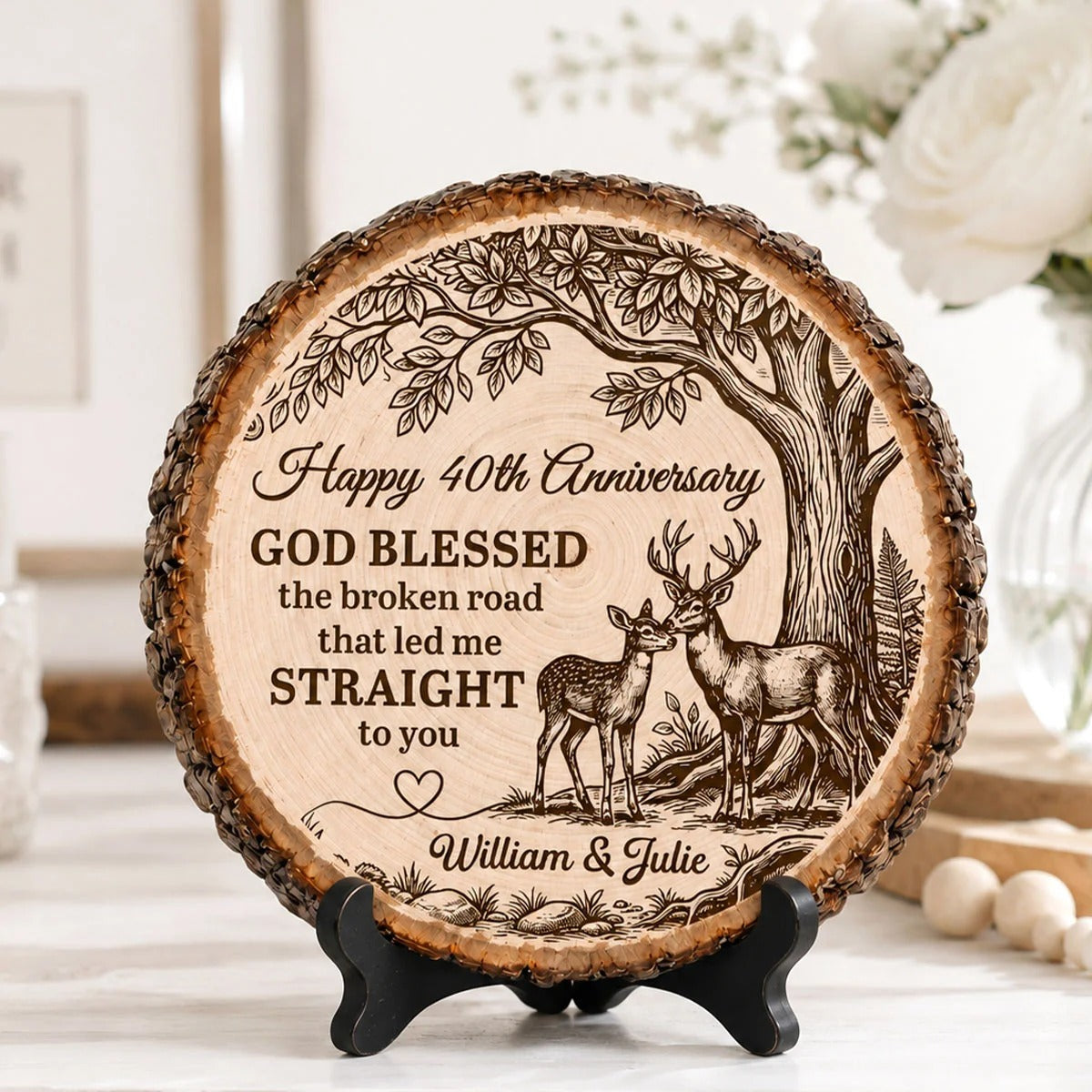 God Blessed Broken Road Deer Anniversary - Personalized Round Wood Slice
