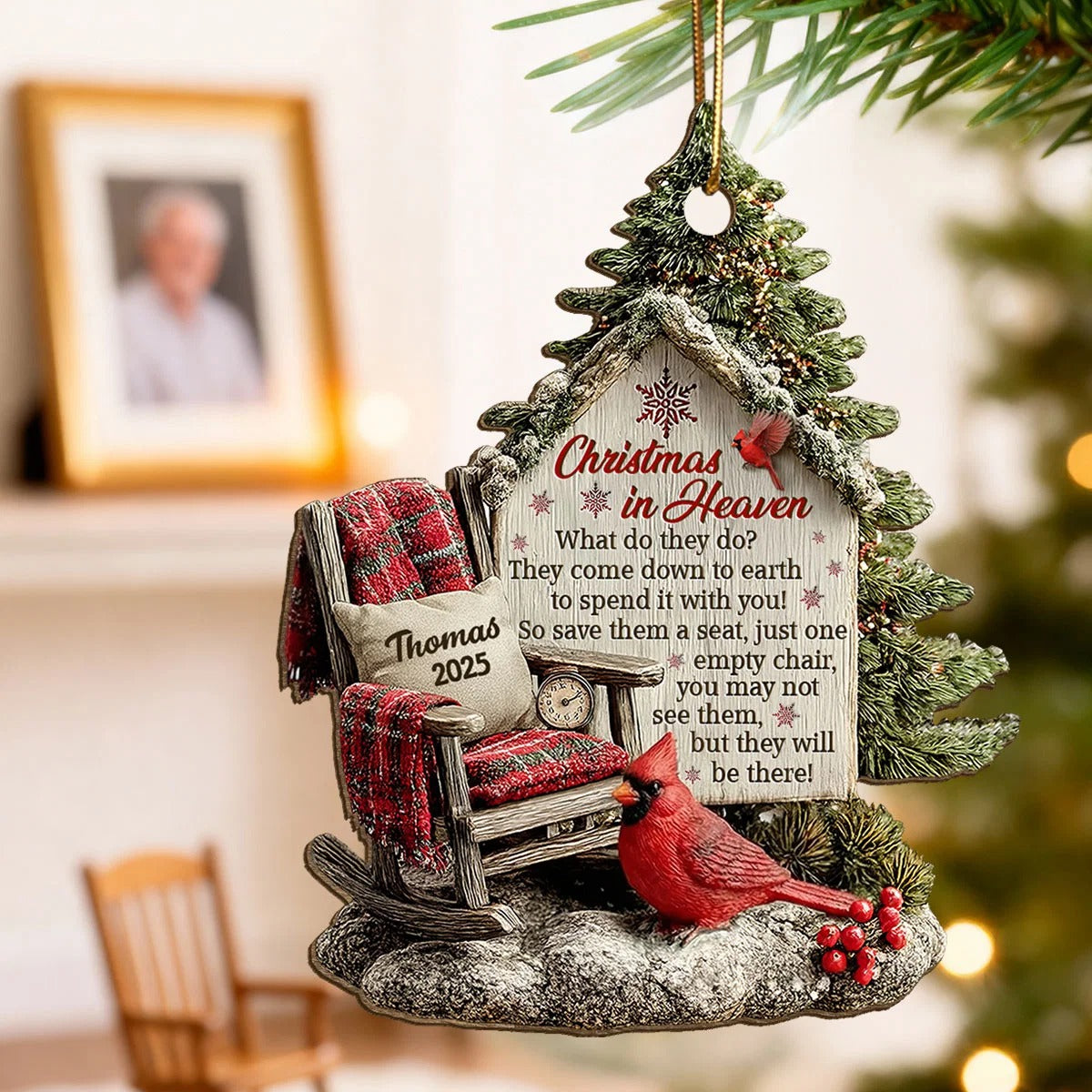 3D Effect Memorial Chair On Christmas - Personalized Wooden Ornament - Christmas Memorial Keepsake For Family