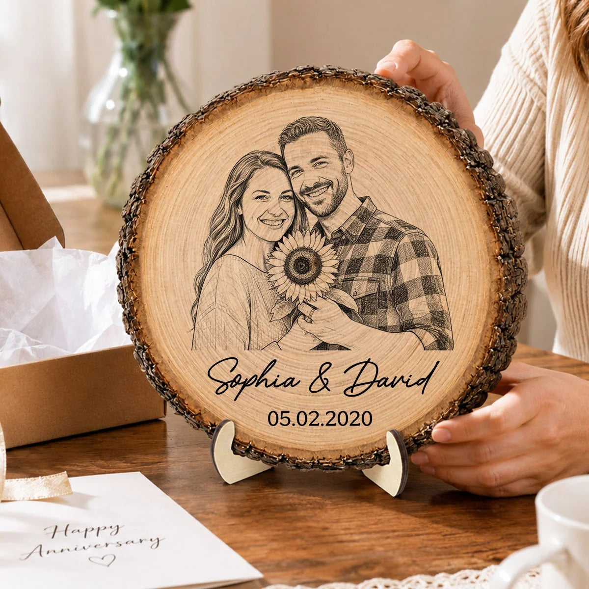 Sketch Style Couple Forever Love Custom Photo - Personalized 2-Layered Wooden Plaque - Anniversary Gift, Wedding Gift For Couple