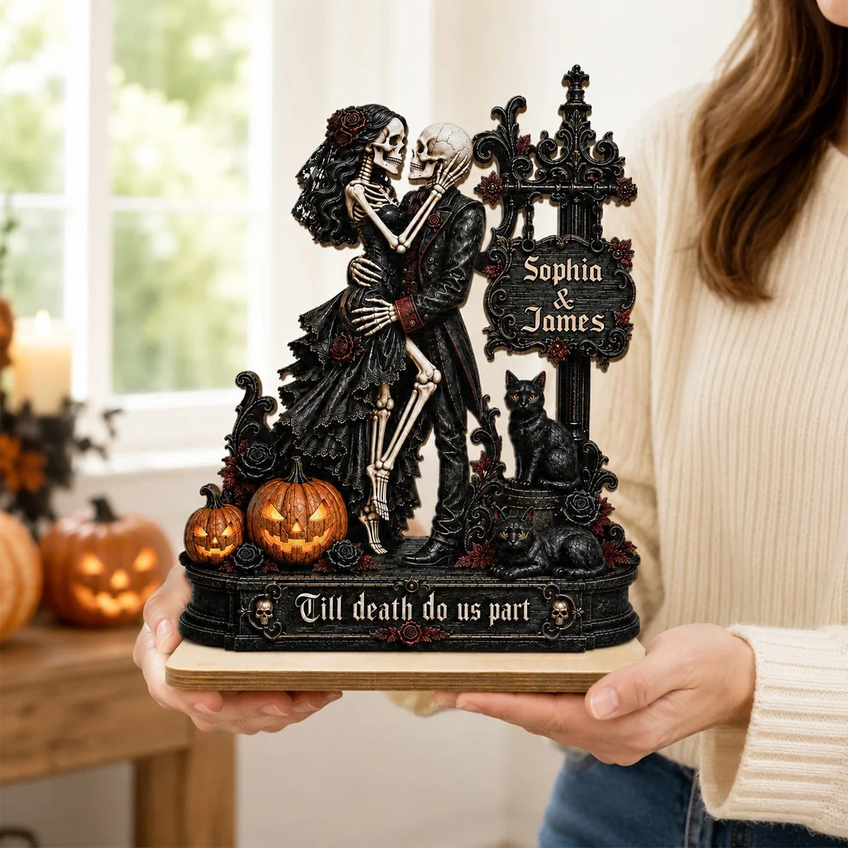 Skeleton Couple Kissing Under Sign Post 2D Flat - Personalized 2-Layered Wooden Plaque - Halloween Decor For Couple