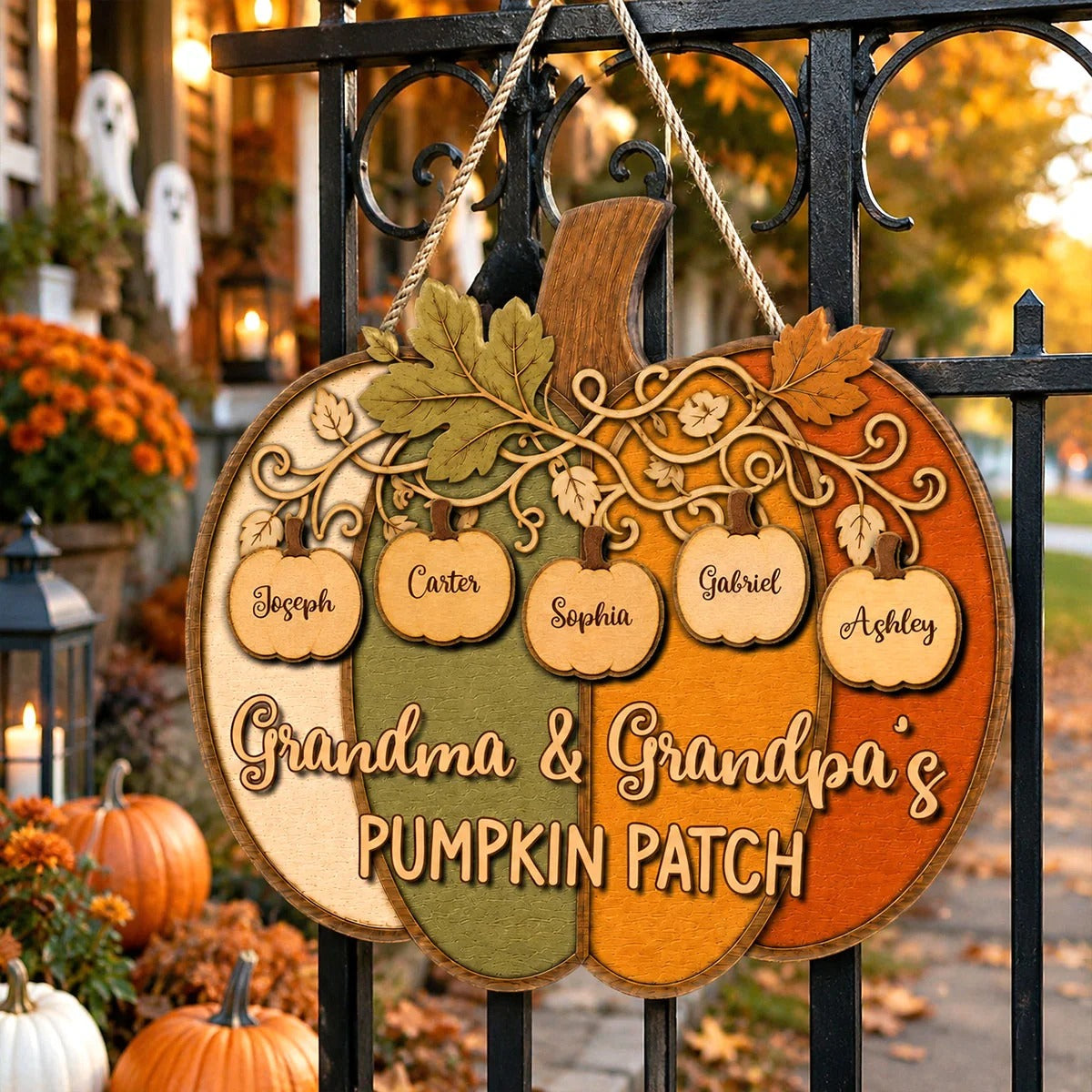 Grandma Grandpa Colorful Pumpkin 2D Flat - Personalized Wood Sign - Fall Season Decoration