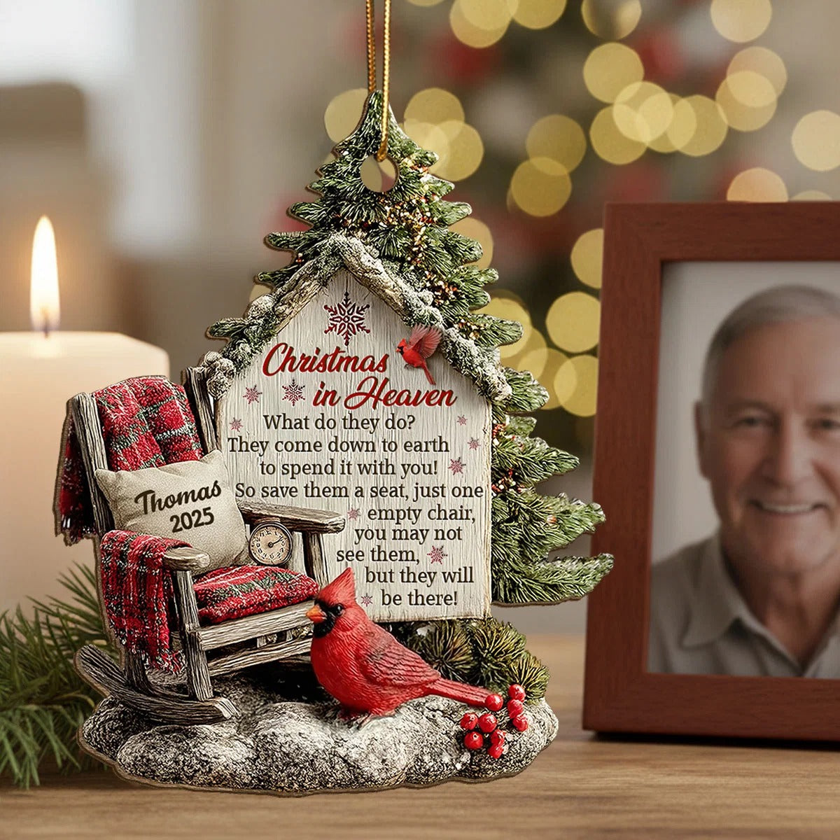 3D Effect Memorial Chair On Christmas - Personalized Wooden Ornament - Christmas Memorial Keepsake For Family