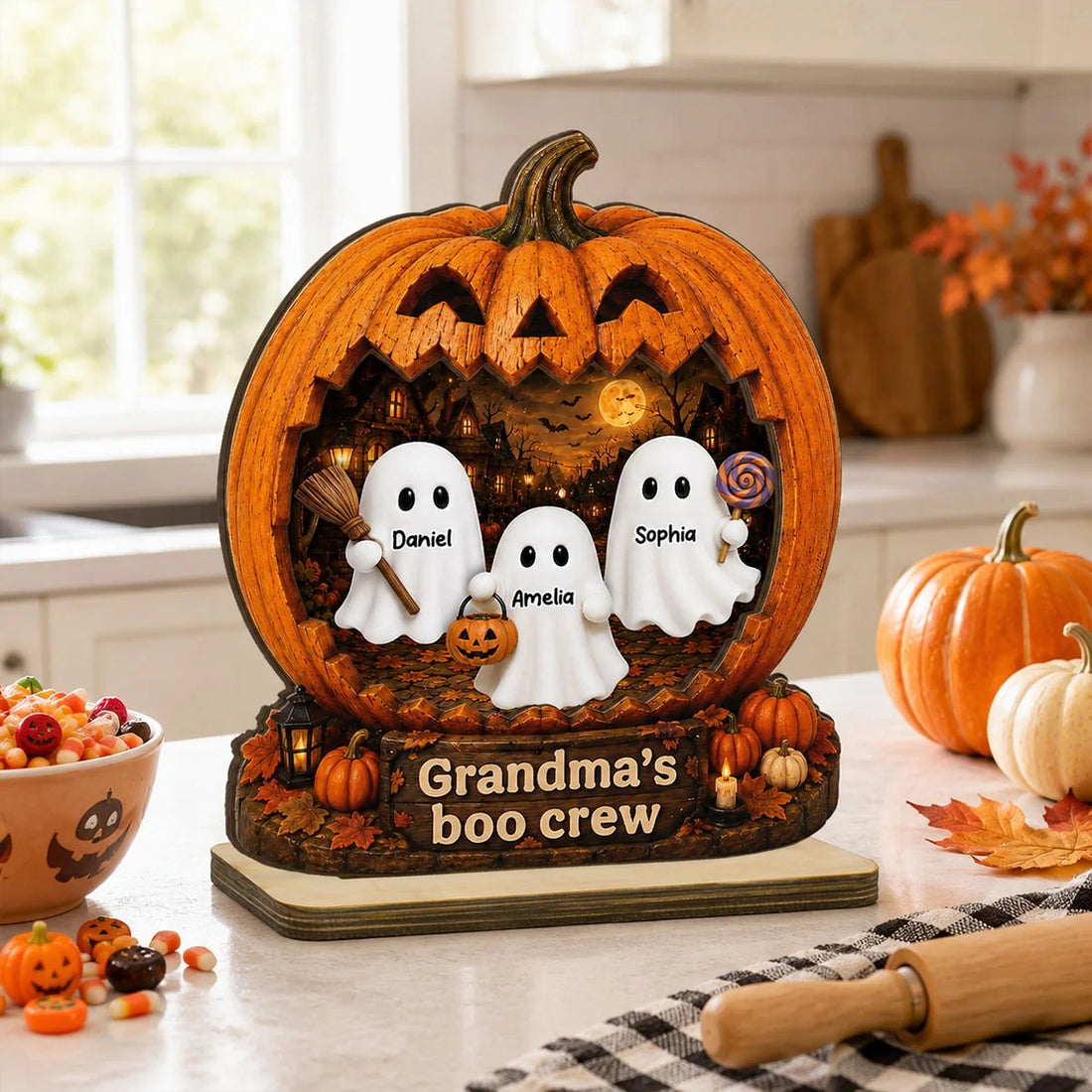 Spooky Halloween Pumpkin Grandma's Boo Crew - Personalized 2-Layered Wooden Plaque - Halloween Decor For Grandma