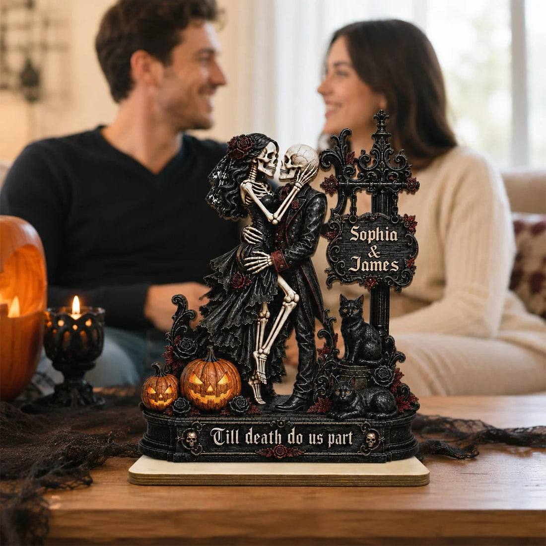 Skeleton Couple Kissing Under Sign Post 2D Flat - Personalized 2-Layered Wooden Plaque - Halloween Decor For Couple