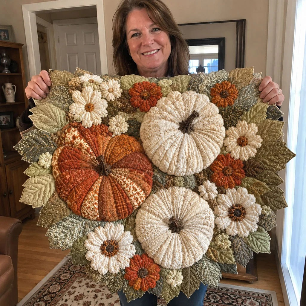 Golden Pumpkin Gathering Custom Shape Quilted Table Topper SN0PT380