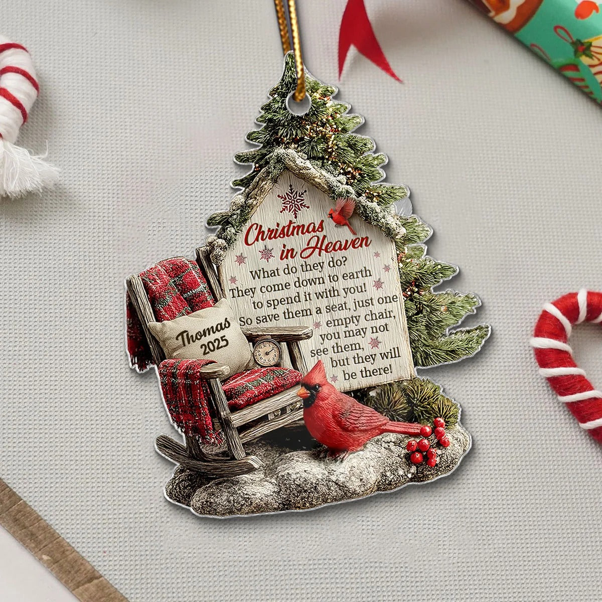 3D Effect Memorial Chair On Christmas - Personalized Wooden Ornament - Christmas Memorial Keepsake For Family