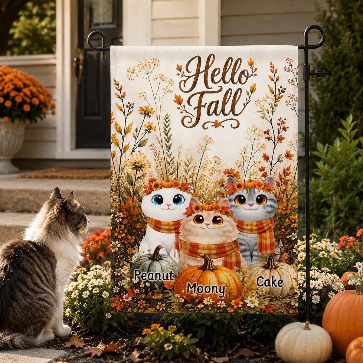 Hello Fall Pumpkins And Cats - Personalized Garden Flag - Fall Season Decor Gift, Gift For Cat Lovers