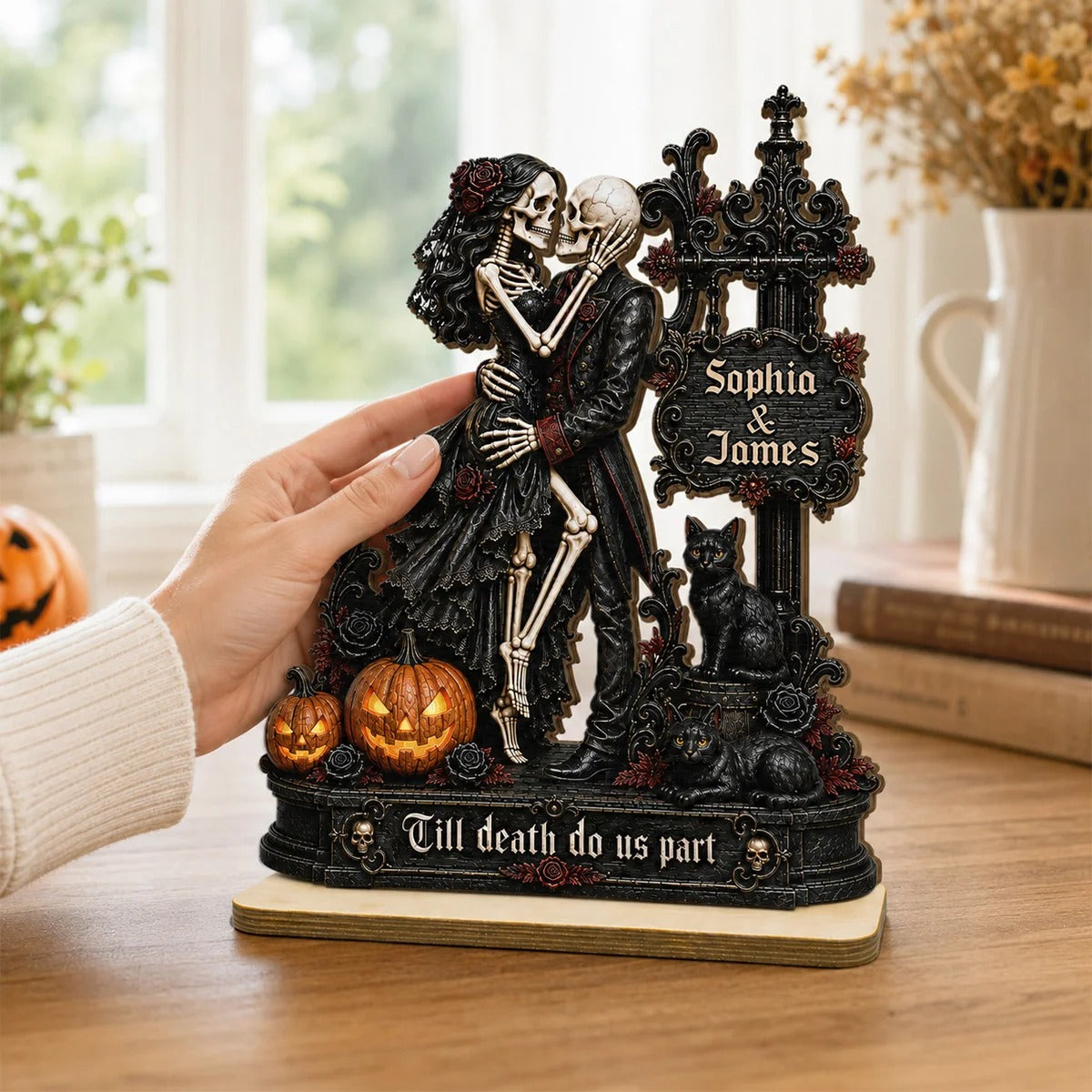 Skeleton Couple Kissing Under Sign Post 2D Flat - Personalized 2-Layered Wooden Plaque - Halloween Decor For Couple