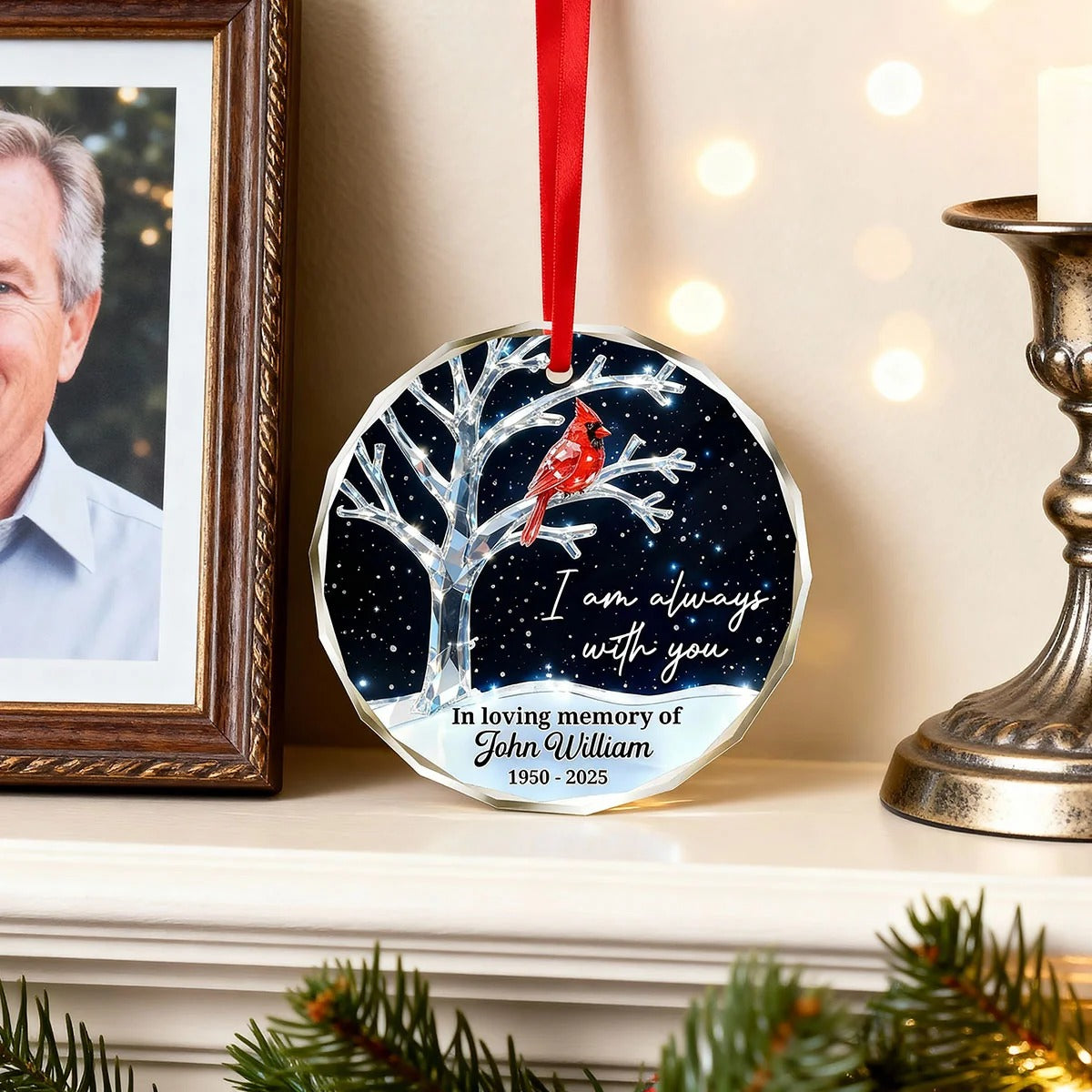 3D Crystal Effect Memorial Winter Tree Cardinals - Personalized Glass Ornament - Remembrance Gift, Sympathy Gift
