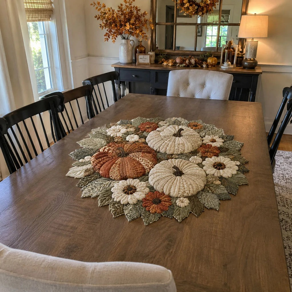 Golden Pumpkin Gathering Custom Shape Quilted Table Topper SN0PT380
