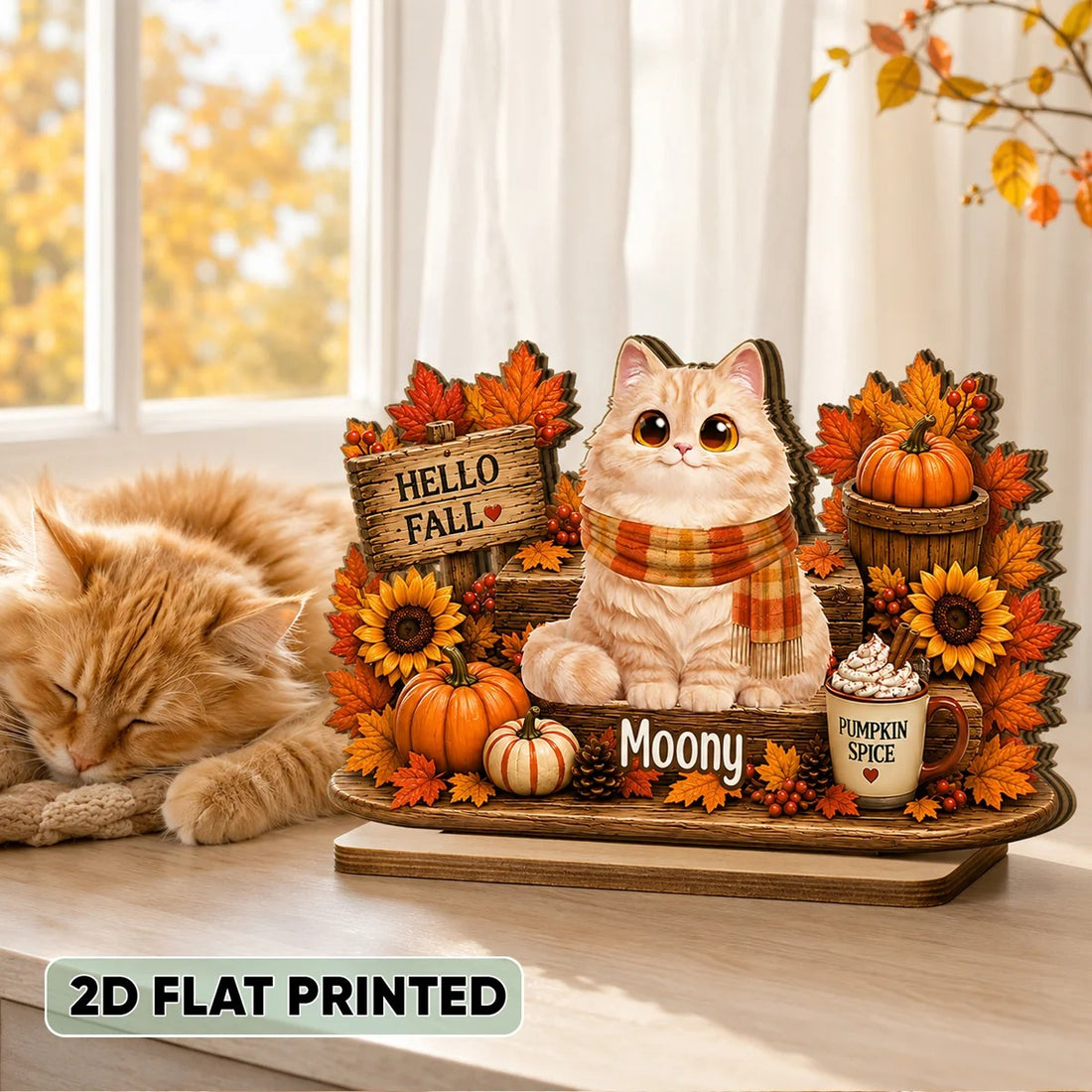Hello Fall Cute Cats Sitting - Personalized 2-Layered Wooden Plaque - Cozy Fall Decor for Cat Moms, Cat Lovers