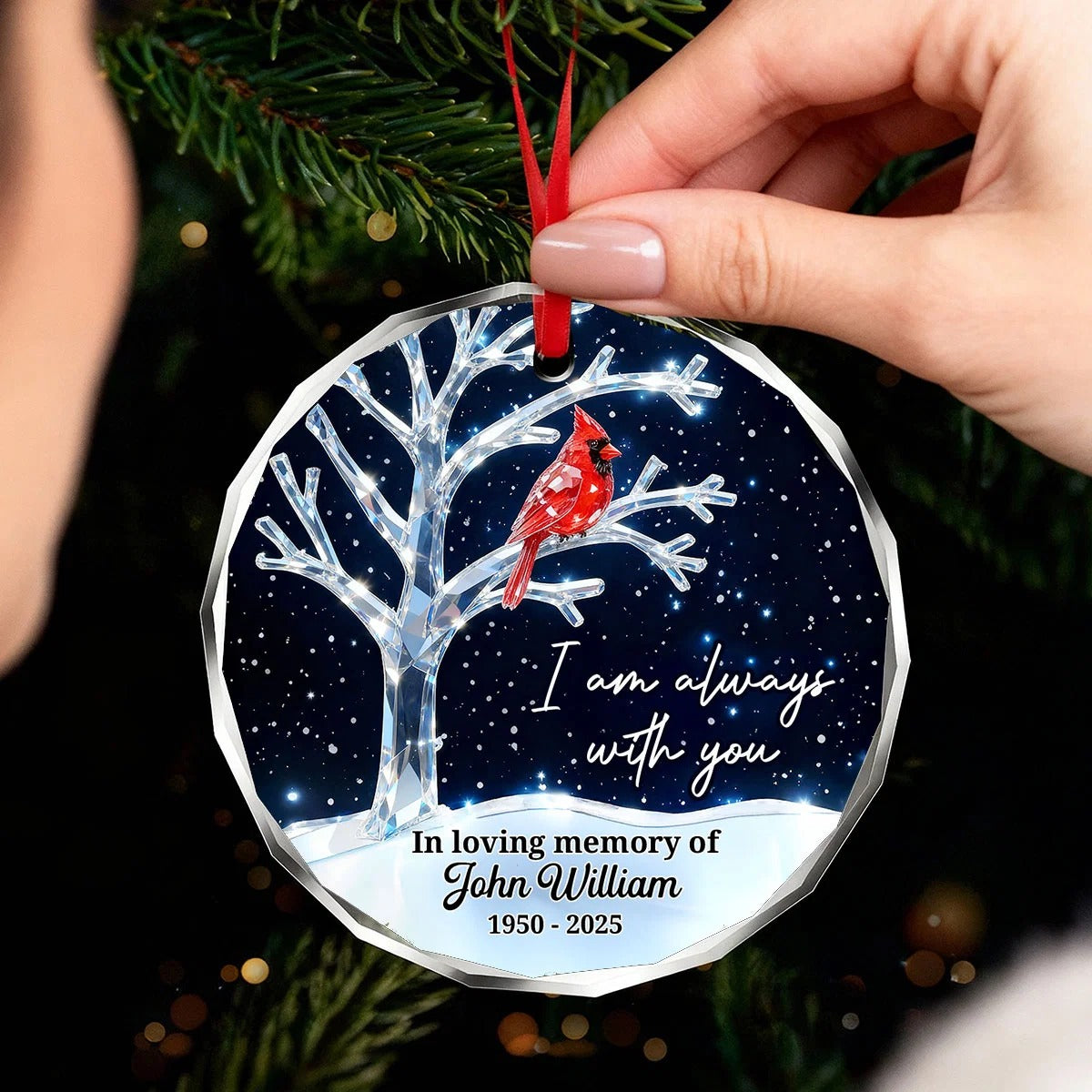 3D Crystal Effect Memorial Winter Tree Cardinals - Personalized Glass Ornament - Remembrance Gift, Sympathy Gift