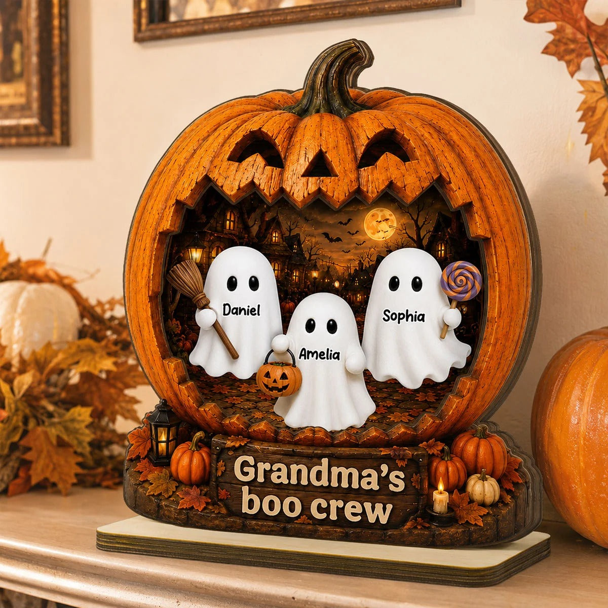 Spooky Halloween Pumpkin Grandma's Boo Crew - Personalized 2-Layered Wooden Plaque - Halloween Decor For Grandma