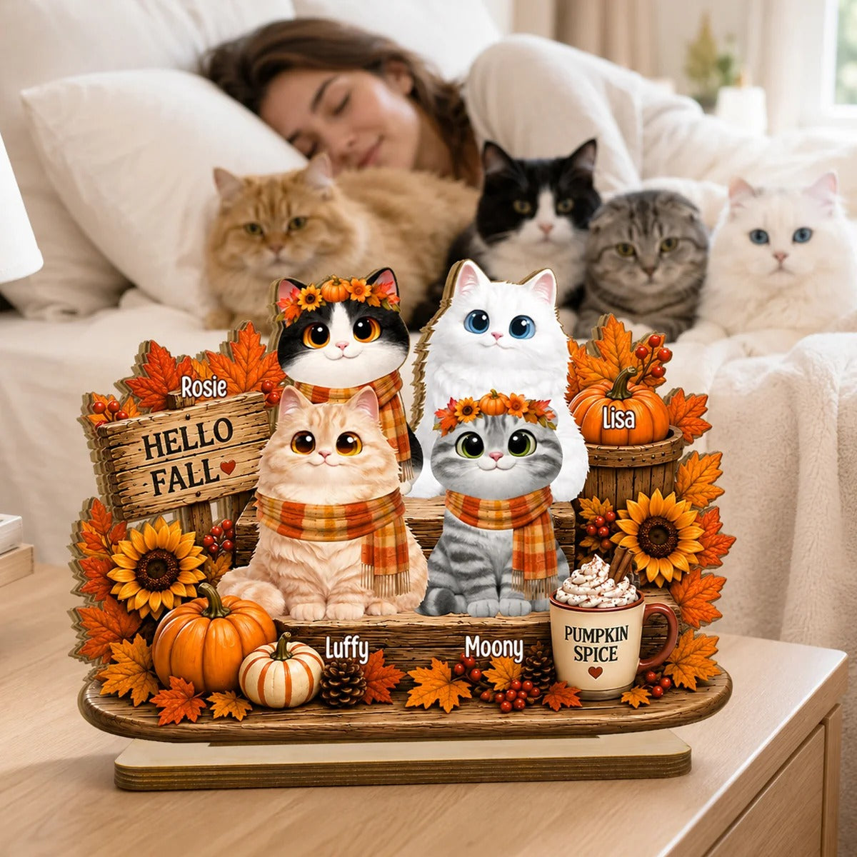 Hello Fall Cute Cats Sitting - Personalized 2-Layered Wooden Plaque - Cozy Fall Decor for Cat Moms, Cat Lovers