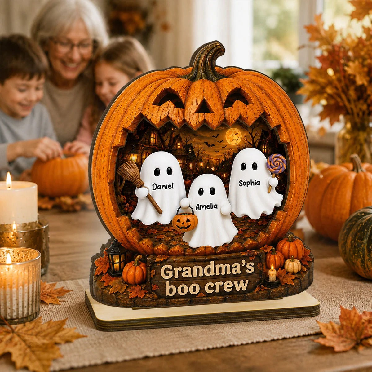 Spooky Halloween Pumpkin Grandma's Boo Crew - Personalized 2-Layered Wooden Plaque - Halloween Decor For Grandma