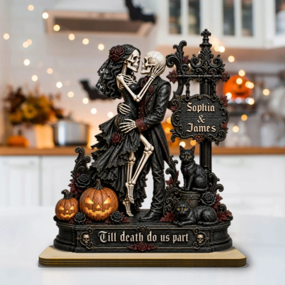Skeleton Couple Kissing Under Sign Post 2D Flat - Personalized 2-Layered Wooden Plaque - Halloween Decor For Couple
