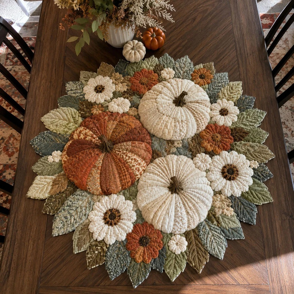 Golden Pumpkin Gathering Custom Shape Quilted Table Topper SN0PT380