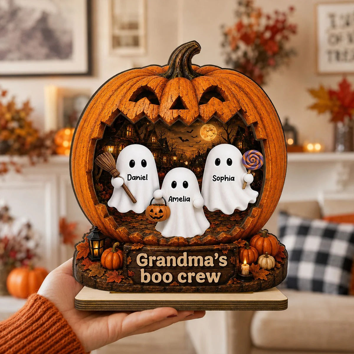 Spooky Halloween Pumpkin Grandma's Boo Crew - Personalized 2-Layered Wooden Plaque - Halloween Decor For Grandma