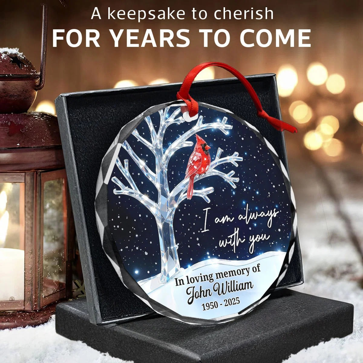 3D Crystal Effect Memorial Winter Tree Cardinals - Personalized Glass Ornament - Remembrance Gift, Sympathy Gift