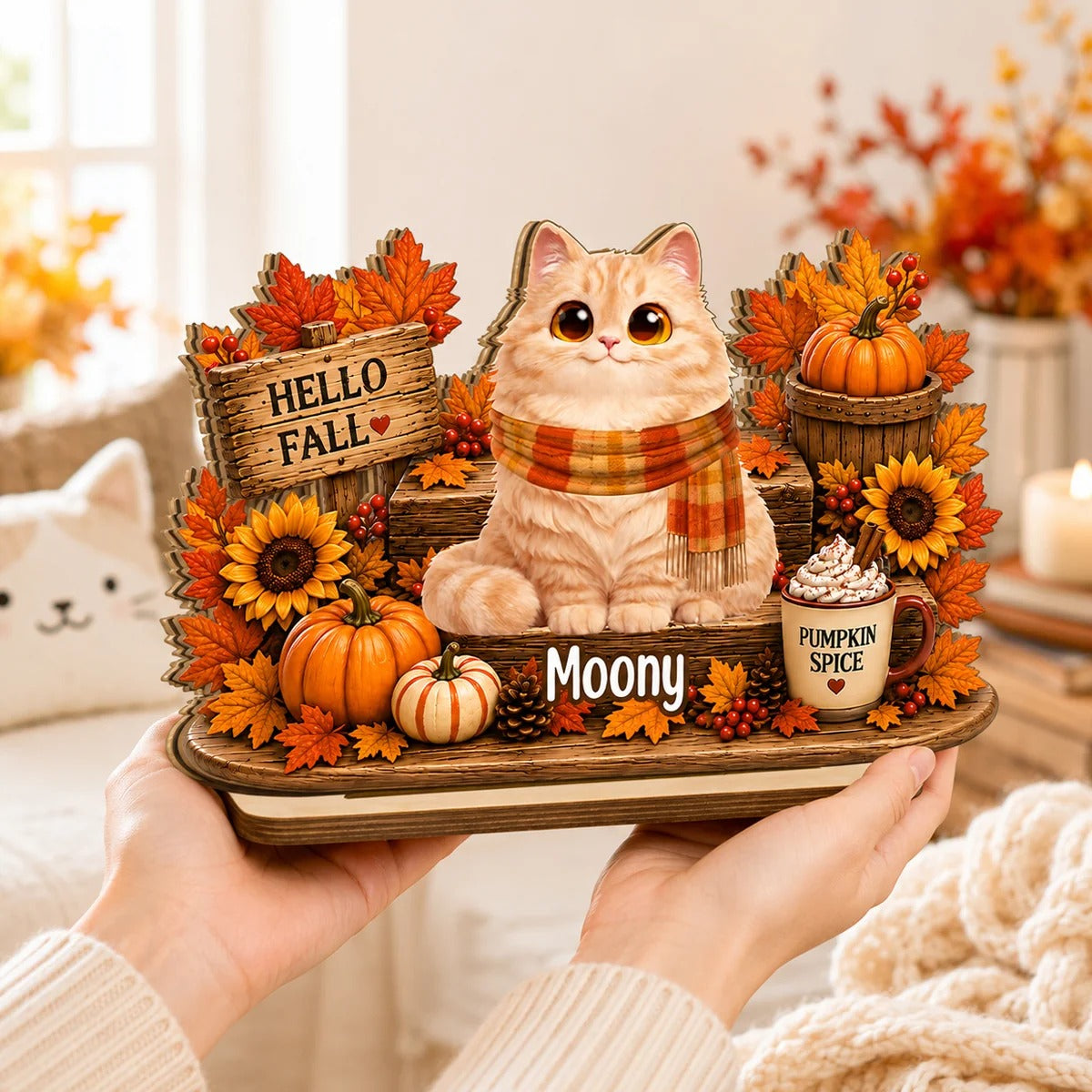 Hello Fall Cute Cats Sitting - Personalized 2-Layered Wooden Plaque - Cozy Fall Decor for Cat Moms, Cat Lovers