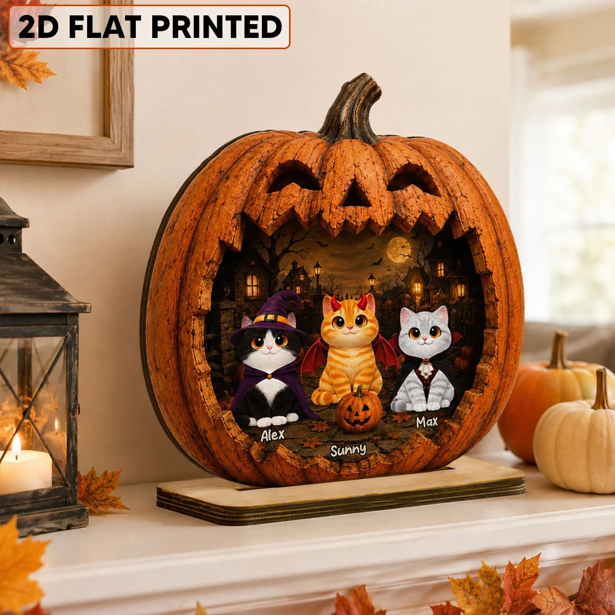 Spooky Halloween Pumpkin Cats 2D Flat Printed - Personalized 2-Layered Wooden Plaque - Halloween Decor For Cat Lovers
