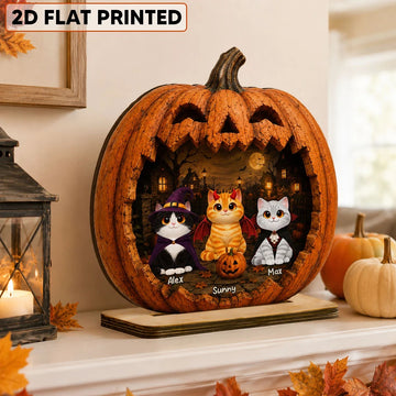 Spooky Halloween Pumpkin Cats 2D Flat Printed - Personalized 2-Layered Wooden Plaque - Halloween Decor For Cat Lovers