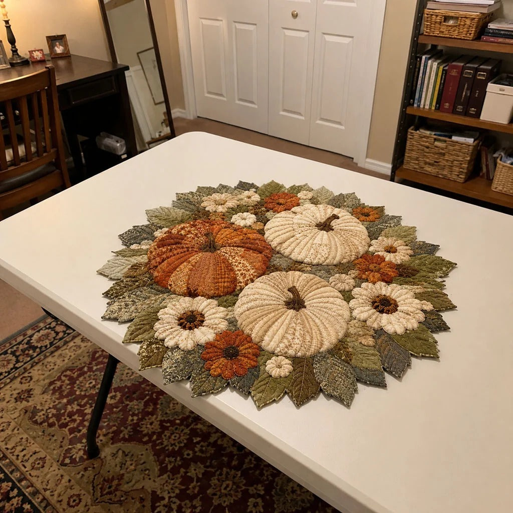 Golden Pumpkin Gathering Custom Shape Quilted Table Topper SN0PT380